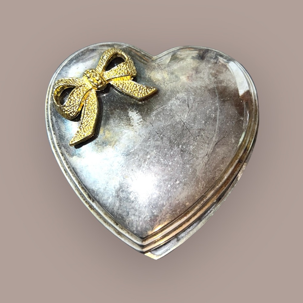 Vintage Silver Plated Heart Trinket Box with Gold Bow